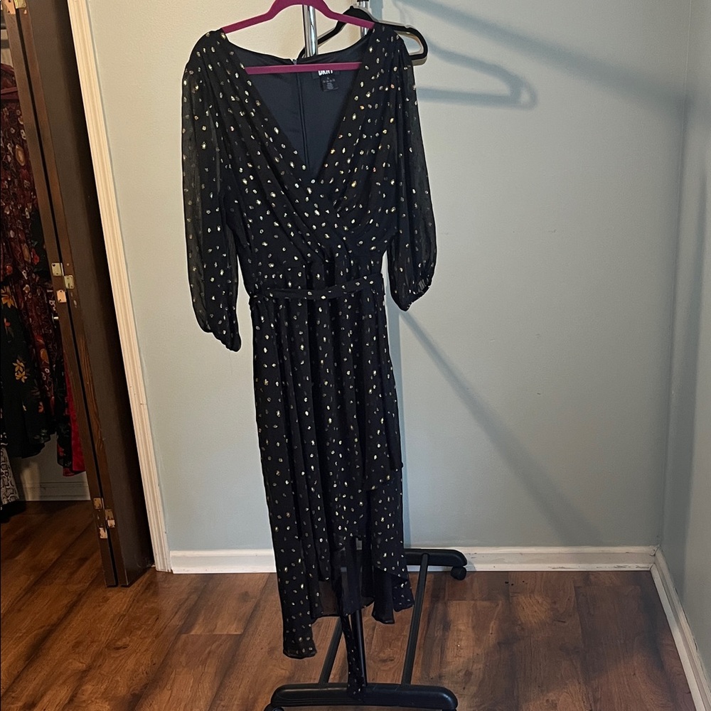 DKNY Black High-Low Dress with Gold Accents